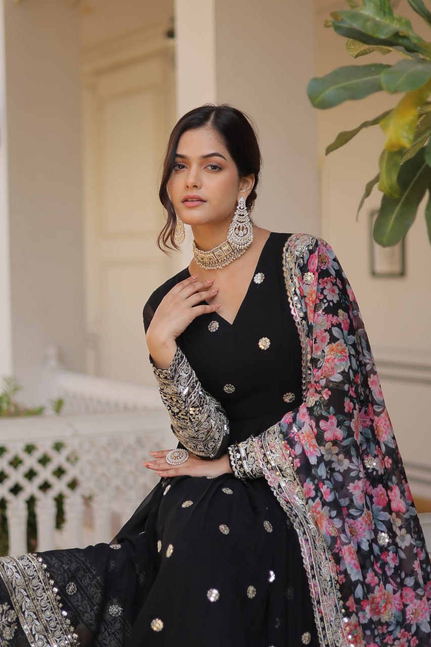 Black Exquisite Premium Designer Faux Georgette Gown with Embroidered Zari Sequins and Tabby Silk Dupatta ClothsVilla
