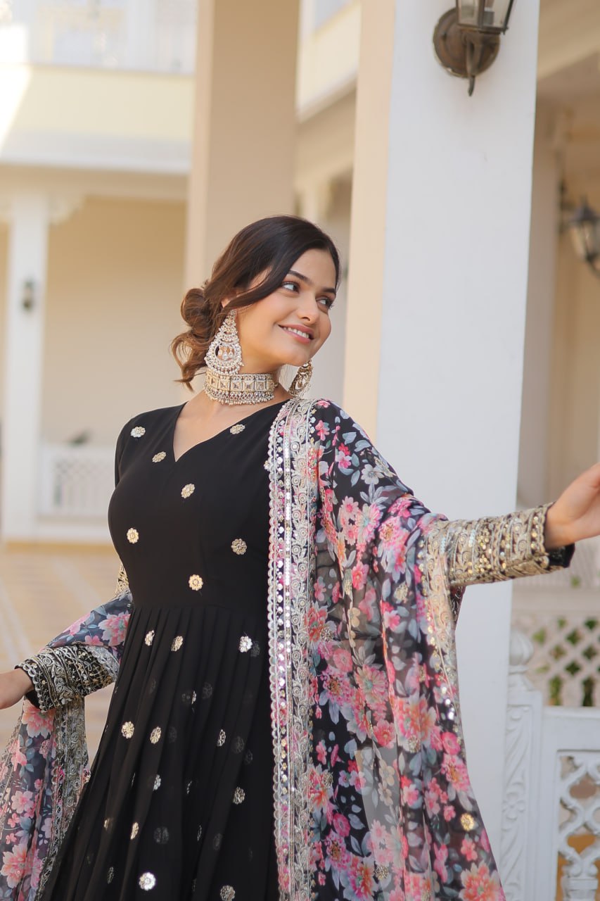 Black Exquisite Premium Designer Faux Georgette Gown with Embroidered Zari Sequins and Tabby Silk Dupatta ClothsVilla