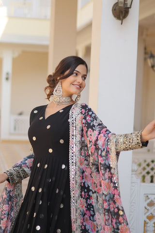 Black Exquisite Premium Designer Faux Georgette Gown with Embroidered Zari Sequins and Tabby Silk Dupatta ClothsVilla