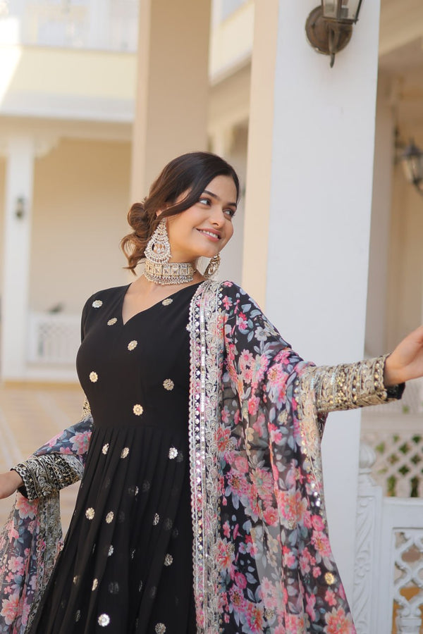 Black Exquisite Premium Designer Faux Georgette Gown with Embroidered Zari Sequins and Tabby Silk Dupatta ClothsVilla