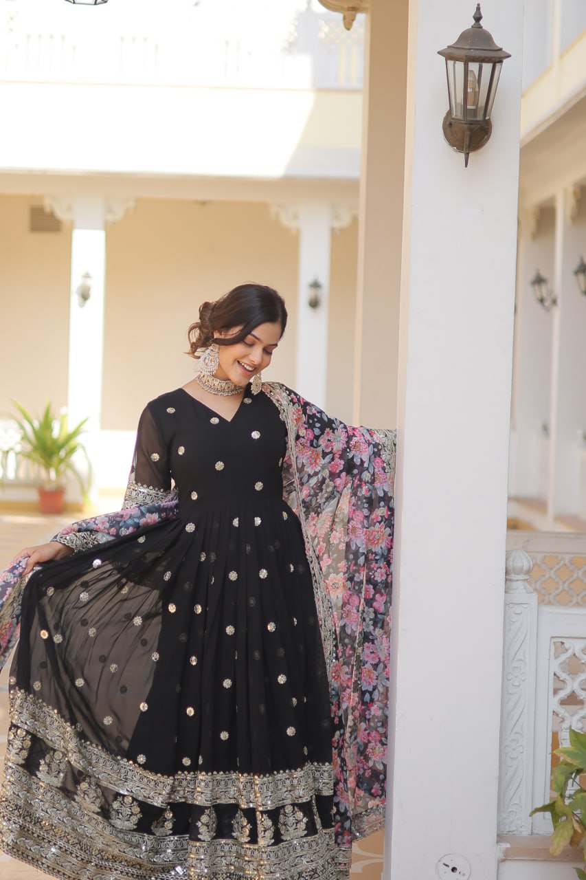 Black Exquisite Premium Designer Faux Georgette Gown with Embroidered Zari Sequins and Tabby Silk Dupatta ClothsVilla