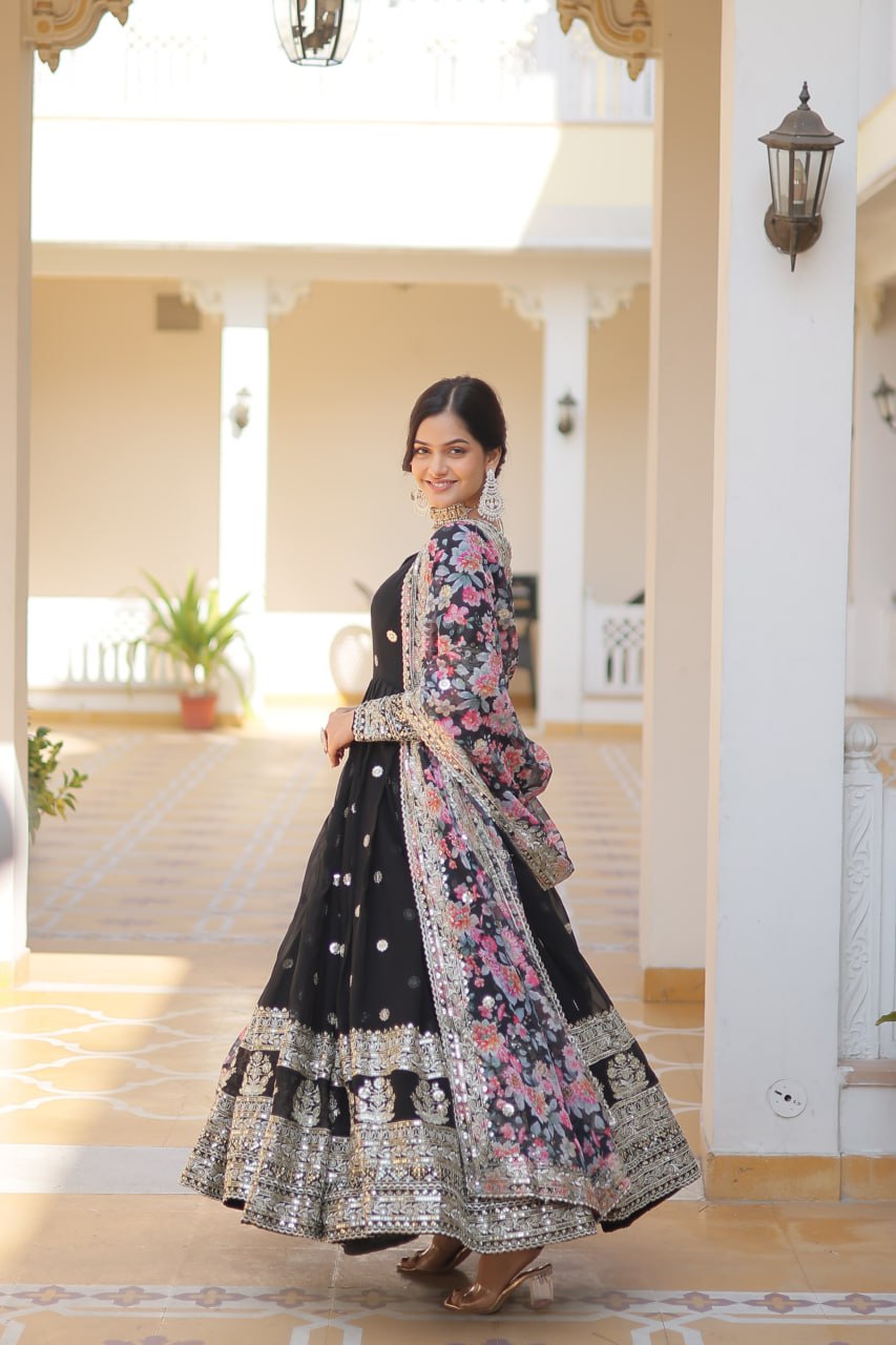 Black Exquisite Premium Designer Faux Georgette Gown with Embroidered Zari Sequins and Tabby Silk Dupatta ClothsVilla