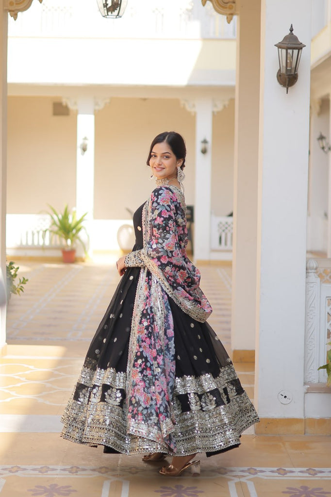 Black Exquisite Premium Designer Faux Georgette Gown with Embroidered Zari Sequins and Tabby Silk Dupatta ClothsVilla