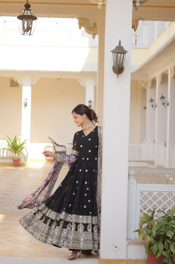 Black Exquisite Premium Designer Faux Georgette Gown with Embroidered Zari Sequins and Tabby Silk Dupatta ClothsVilla