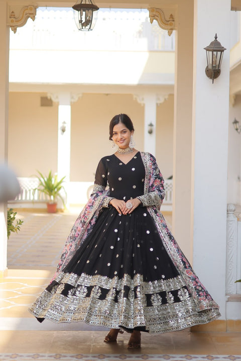 Black Exquisite Premium Designer Faux Georgette Gown with Embroidered Zari Sequins and Tabby Silk Dupatta ClothsVilla Main image