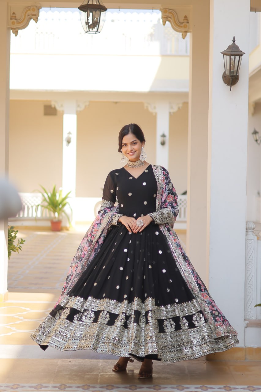 Black Exquisite Premium Designer Faux Georgette Gown with Embroidered Zari Sequins and Tabby Silk Dupatta ClothsVilla Main image