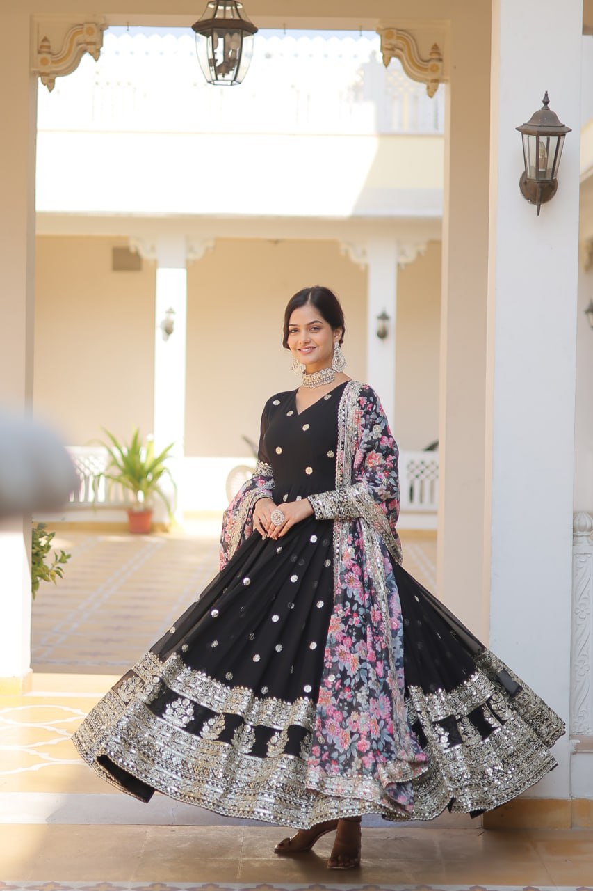 Black Exquisite Premium Designer Faux Georgette Gown with Embroidered Zari Sequins and Tabby Silk Dupatta ClothsVilla