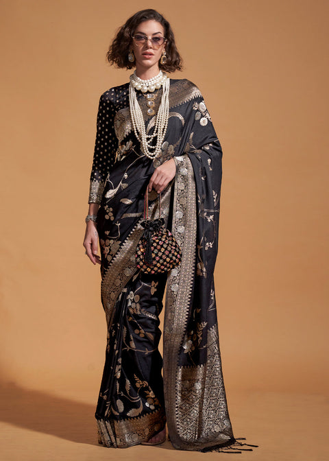 Black Fairytale Banarasi Georgette Silk Saree with Brocade Blouse – Summer Glam Edition ClothsVilla Main image