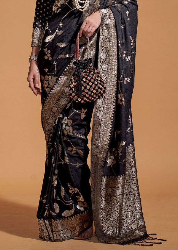 Black Fairytale Banarasi Georgette Silk Saree with Brocade Blouse – Summer Glam Edition ClothsVilla