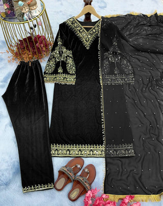 Black Fancy Bell Sleeve Green Color Velvet Salwar Suit Clothsvilla