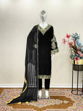 Black Fancy Bell Sleeve Green Color Velvet Salwar Suit Clothsvilla