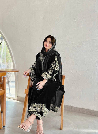 Black Fancy Bell Sleeve Green Color Velvet Salwar Suit Clothsvilla