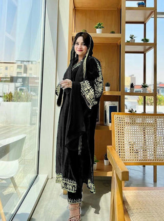 Black Fancy Bell Sleeve Green Color Velvet Salwar Suit Clothsvilla