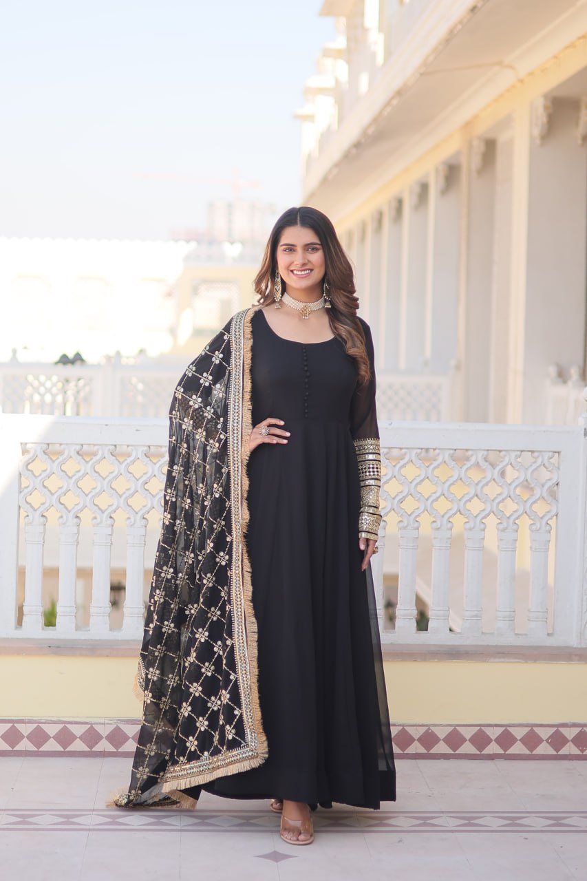 Black Faux Blooming Gown with Dupatta Featuring Attractive Embroidered Sequins Work and Lace Border ClothsVilla Main image