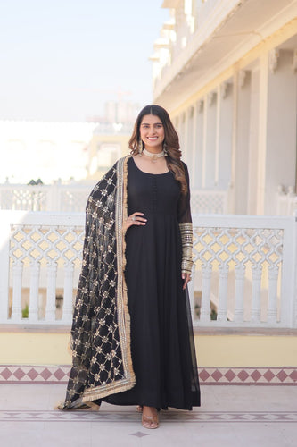 Black Faux Blooming Gown with Dupatta Featuring Attractive Embroidered Sequins Work and Lace Border ClothsVilla