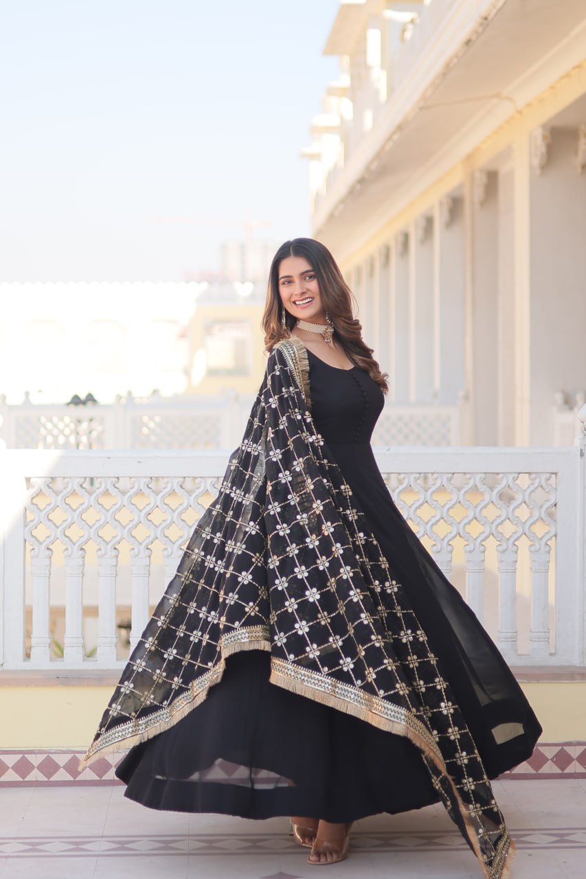 Black Faux Blooming Gown with Dupatta Featuring Attractive Embroidered Sequins Work and Lace Border ClothsVilla