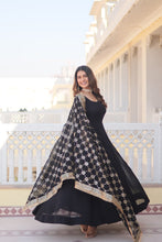 Load image into Gallery viewer, Black Faux Blooming Gown with Dupatta Featuring Attractive Embroidered Sequins Work and Lace Border ClothsVilla