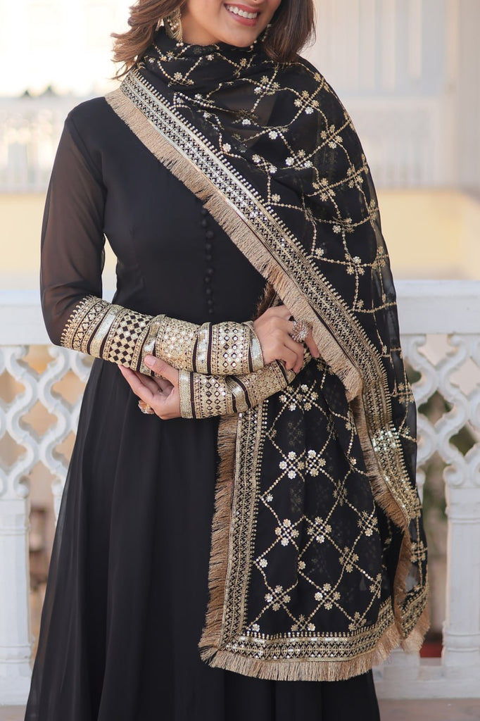 Black Faux Blooming Gown with Dupatta Featuring Attractive Embroidered Sequins Work and Lace Border ClothsVilla