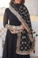 Load image into Gallery viewer, Black Faux Blooming Gown with Dupatta Featuring Attractive Embroidered Sequins Work and Lace Border ClothsVilla