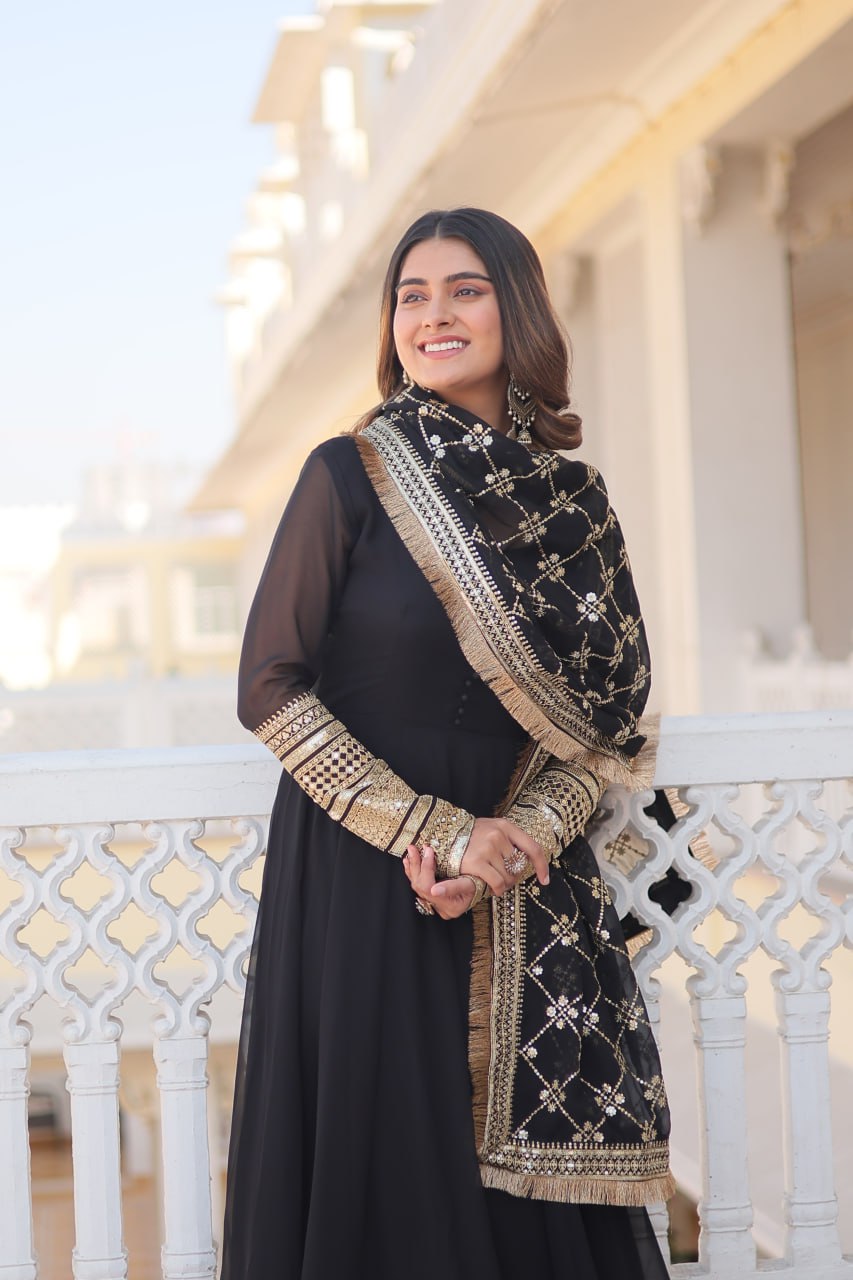 Black Faux Blooming Gown with Dupatta Featuring Attractive Embroidered Sequins Work and Lace Border ClothsVilla