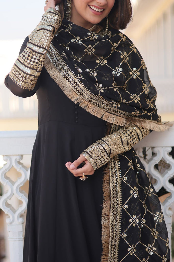 Black Faux Blooming Gown with Dupatta Featuring Attractive Embroidered Sequins Work and Lace Border ClothsVilla