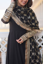 Load image into Gallery viewer, Black Faux Blooming Gown with Dupatta Featuring Attractive Embroidered Sequins Work and Lace Border ClothsVilla