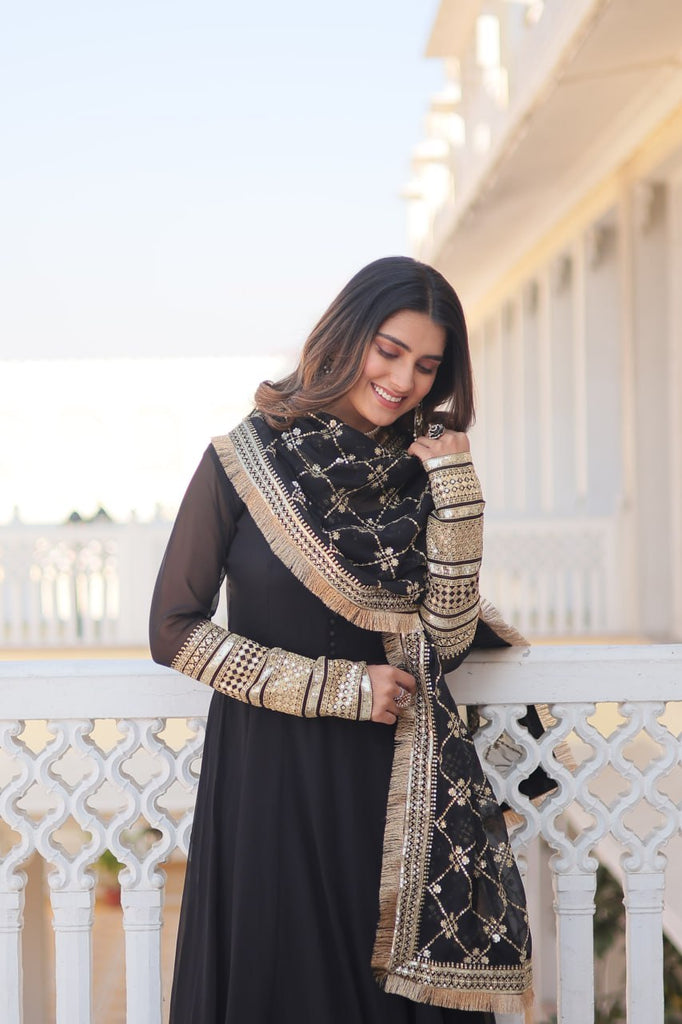 Black Faux Blooming Gown with Dupatta Featuring Attractive Embroidered Sequins Work and Lace Border ClothsVilla