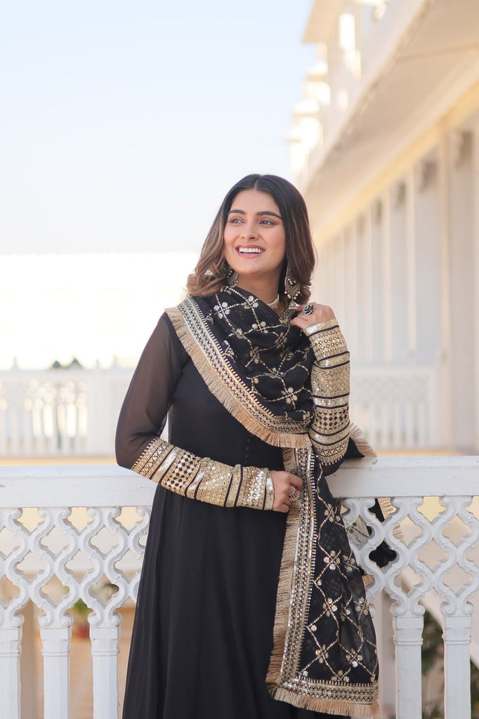 black dress with golden dupatta Black Premium Designer Ready-to-Wear Gown with Dupatta Emb