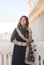Load image into Gallery viewer, Black Faux Blooming Gown with Dupatta Featuring Attractive Embroidered Sequins Work and Lace Border ClothsVilla