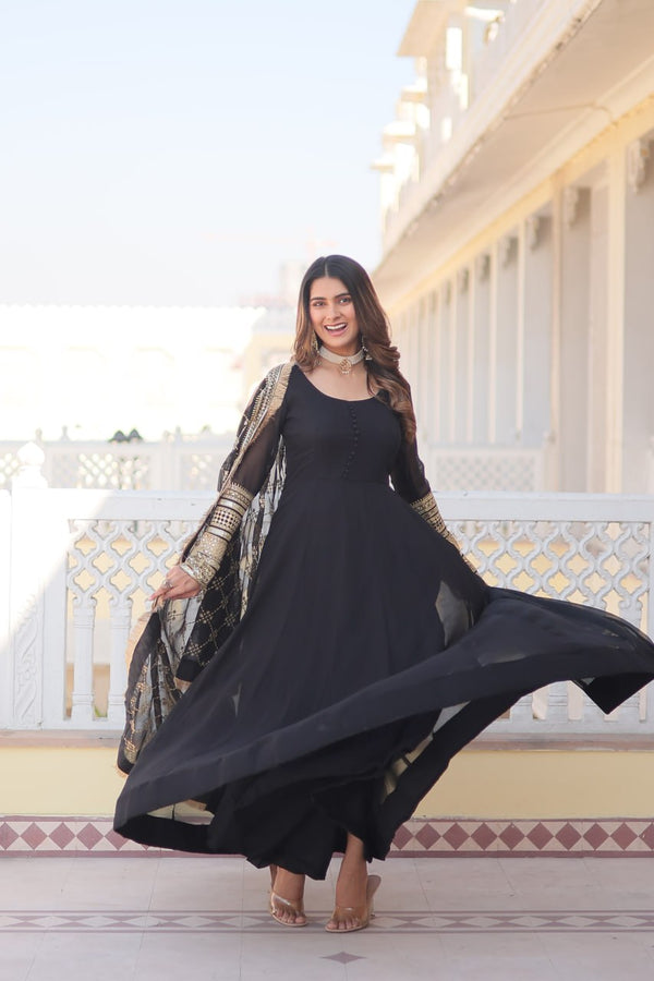 Black Faux Blooming Gown with Dupatta Featuring Attractive Embroidered Sequins Work and Lace Border ClothsVilla