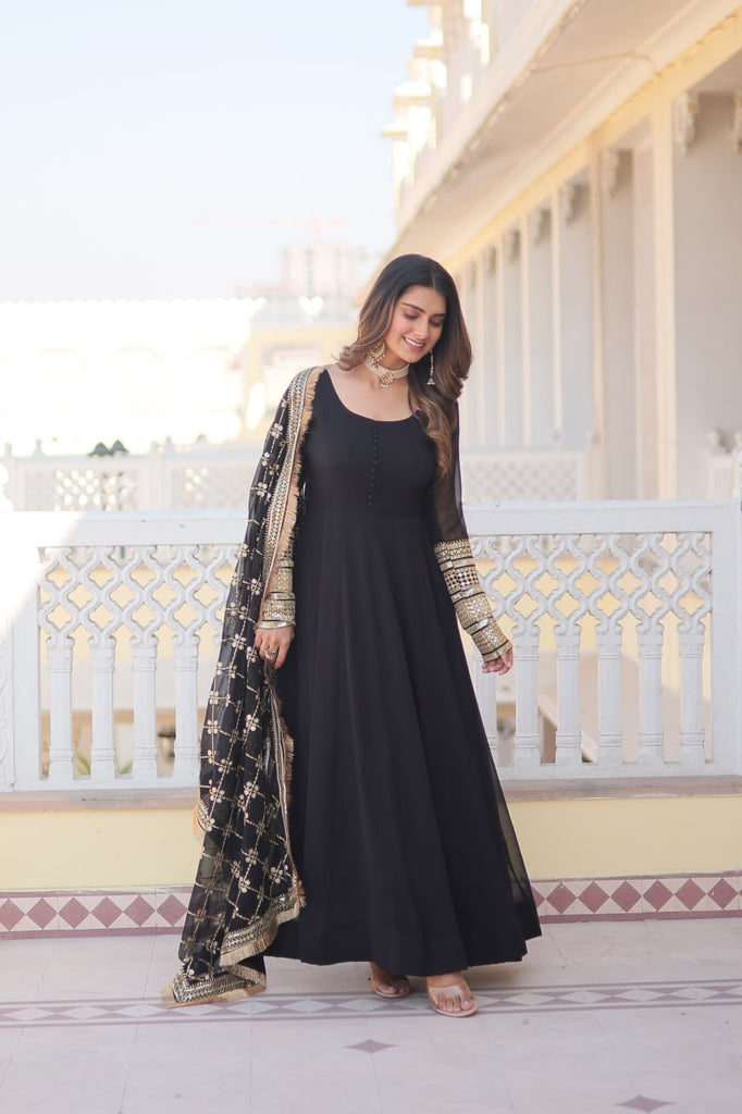 Faux Blooming Black Color Gown with Dupatta - Multi-Sequins Embroidery & Intricate Lace Border Design. XL Faux Blooming Black Color Gown with Dupatta - Multi-Sequins Embroidery & Intricate Lace Border Design. XL