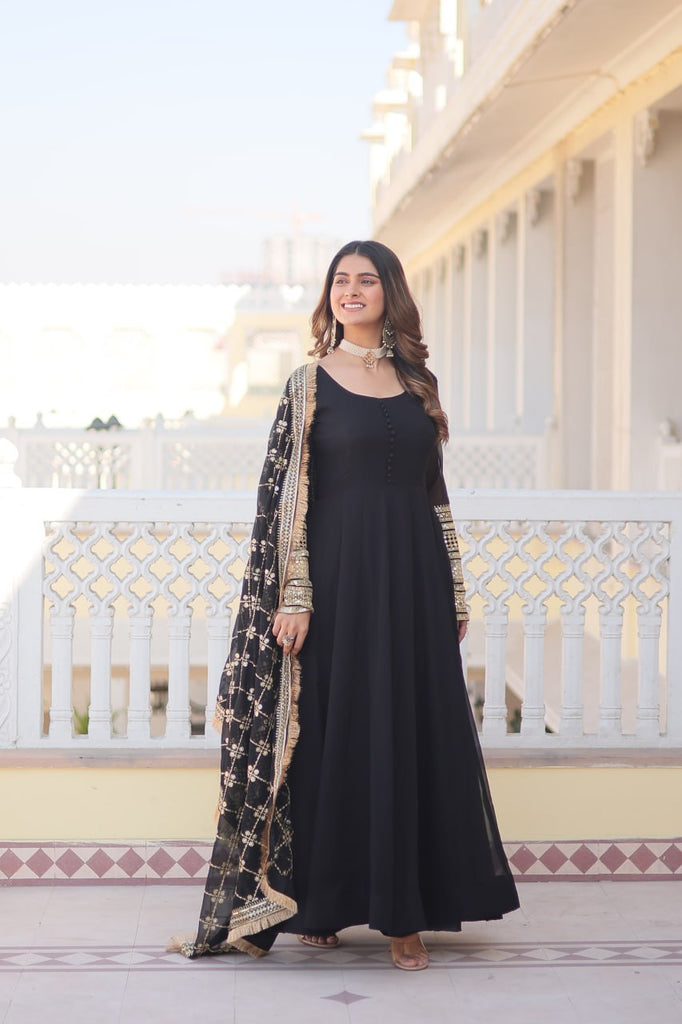 Black Faux Blooming Gown with Dupatta Featuring Attractive Embroidered Sequins Work and Lace Border ClothsVilla