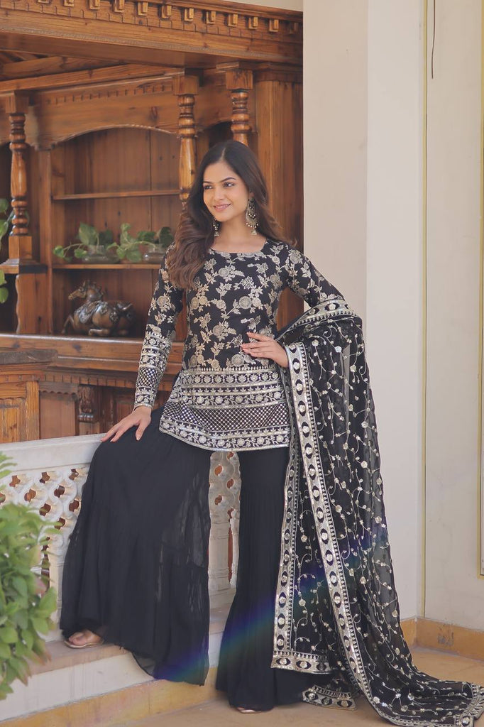 Black Faux Blooming Sequins & Zari Embroidered Readymade Gharara Suit Set ClothsVilla