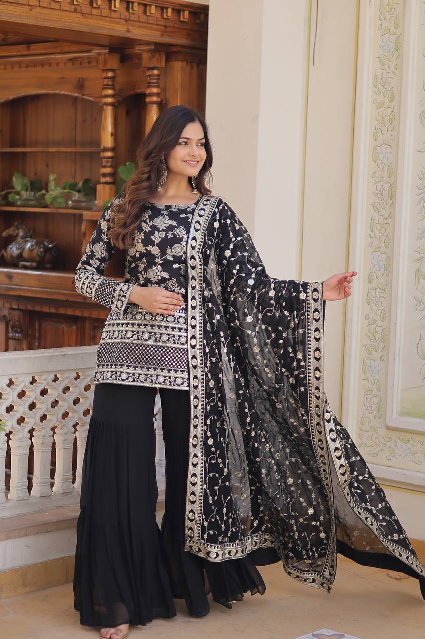 Black Faux Blooming Sequins & Zari Embroidered Readymade Gharara Suit Set ClothsVilla