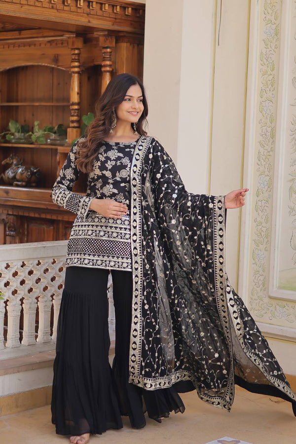Black Faux Blooming Sequins & Zari Embroidered Readymade Gharara Suit Set ClothsVilla