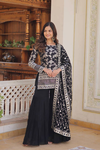 Black Faux Blooming Sequins & Zari Embroidered Readymade Gharara Suit Set ClothsVilla