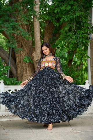 Black Faux Georgette Bandhani Print Gown with Kutchi Patchwork – Full Sleeves, 12 Meter Flair, Cotton Lining ClothsVilla
