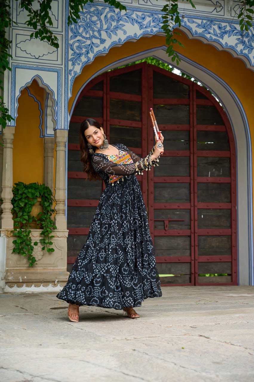 Black Faux Georgette Bandhani Print Gown with Kutchi Patchwork – Full Sleeves, 12 Meter Flair, Cotton Lining ClothsVilla