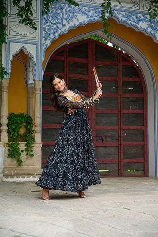 Black Faux Georgette Bandhani Print Gown with Kutchi Patchwork – Full Sleeves, 12 Meter Flair, Cotton Lining ClothsVilla