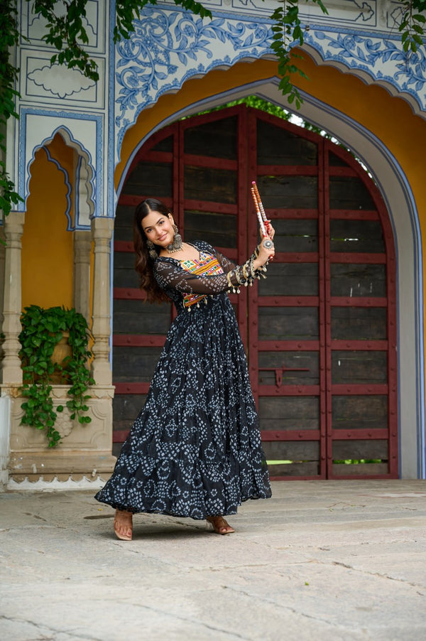 Black Faux Georgette Bandhani Print Gown with Kutchi Patchwork – Full Sleeves, 12 Meter Flair, Cotton Lining ClothsVilla