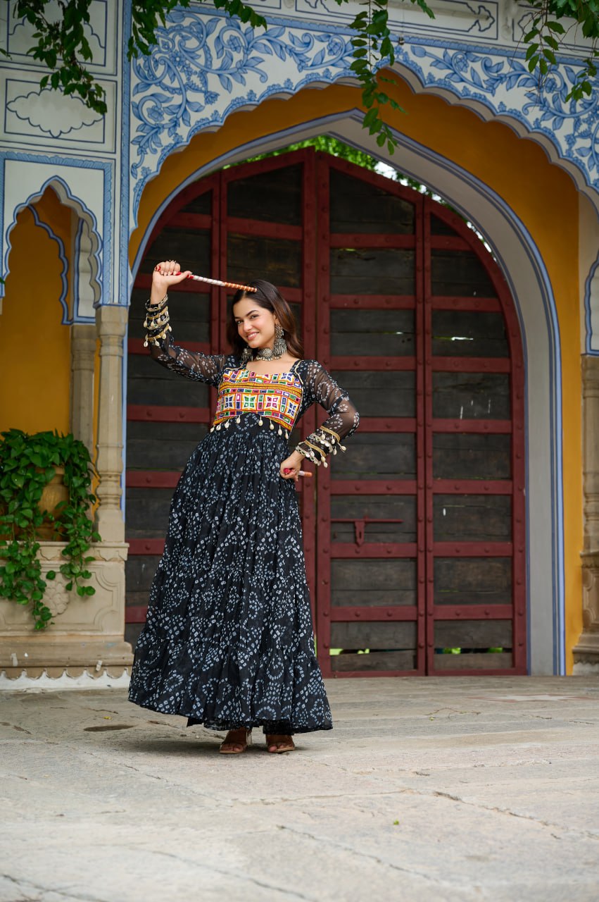 Black Faux Georgette Bandhani Print Gown with Kutchi Patchwork – Full Sleeves, 12 Meter Flair, Cotton Lining ClothsVilla