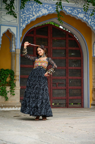 Black Faux Georgette Bandhani Print Gown with Kutchi Patchwork – Full Sleeves, 12 Meter Flair, Cotton Lining ClothsVilla