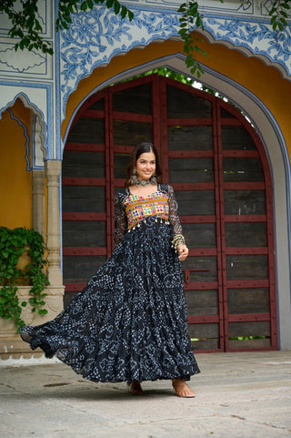 Black Faux Georgette Bandhani Print Gown with Kutchi Patchwork – Full Sleeves, 12 Meter Flair, Cotton Lining ClothsVilla