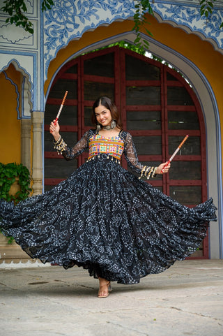 Black Faux Georgette Bandhani Print Gown with Kutchi Patchwork – Full Sleeves, 12 Meter Flair, Cotton Lining ClothsVilla
