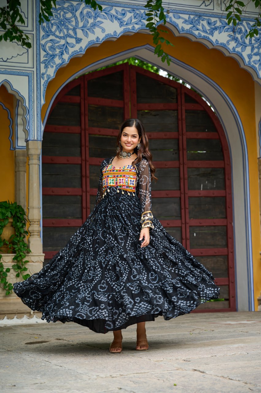 Black Faux Georgette Bandhani Print Gown with Kutchi Patchwork – Full Sleeves, 12 Meter Flair, Cotton Lining ClothsVilla
