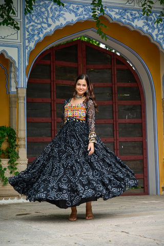 Black Faux Georgette Bandhani Print Gown with Kutchi Patchwork – Full Sleeves, 12 Meter Flair, Cotton Lining ClothsVilla
