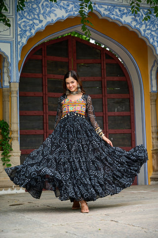 Black Faux Georgette Bandhani Print Gown with Kutchi Patchwork – Full Sleeves, 12 Meter Flair, Cotton Lining ClothsVilla