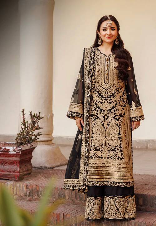 Black Faux Georgette Chinestitch Palazzo Set with Dupatta ClothsVilla Main image