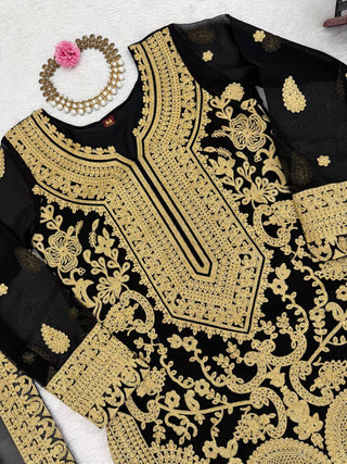 Black Faux Georgette Chinestitch Palazzo Set with Dupatta ClothsVilla