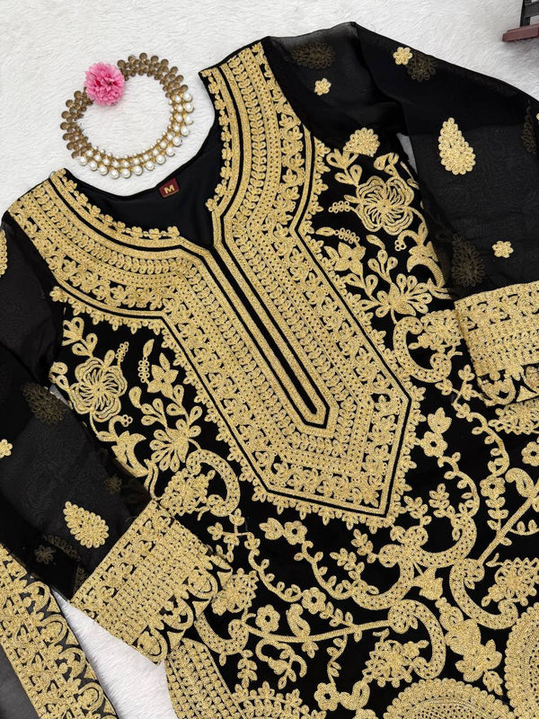 Black Faux Georgette Chinestitch Palazzo Set with Dupatta ClothsVilla